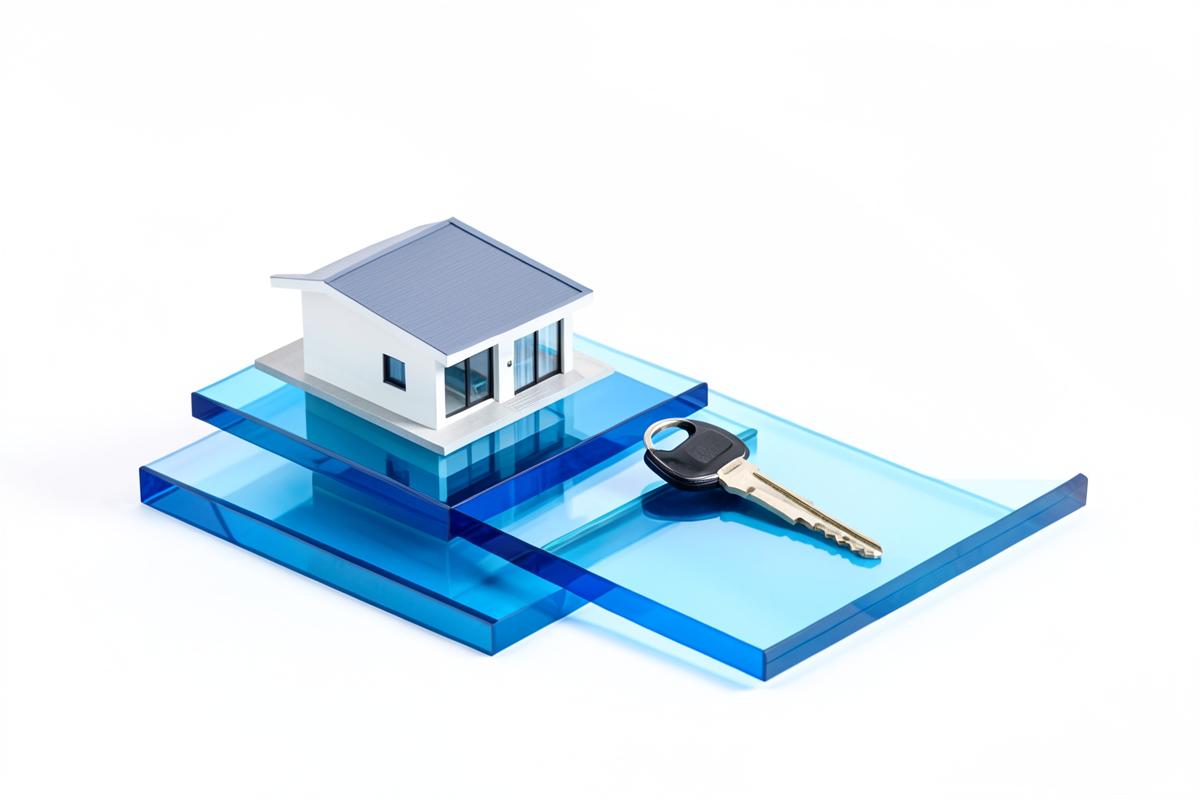 Casa e chave sobre planos azuis representando um consórcio