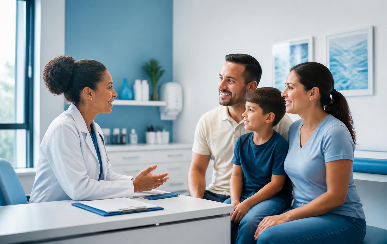 Família recebendo orientação médica em uma clínica