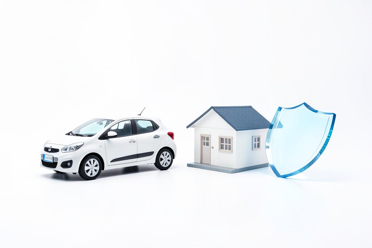 Carro, casa e escudo representando diferentes modalidades de seguros